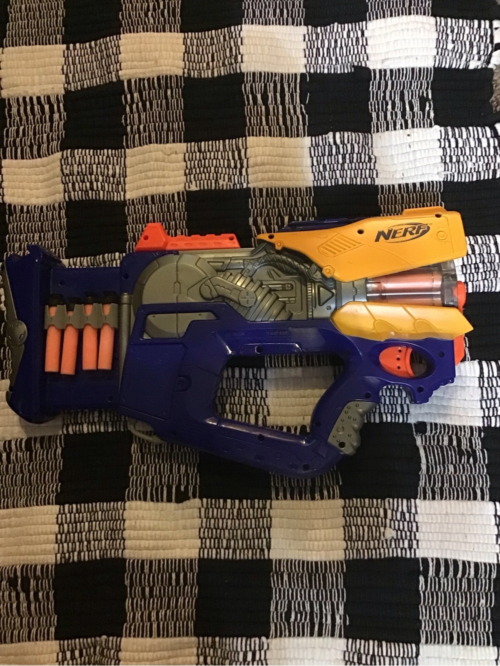 Nerf blue and Yellow Foam Dart Blaster with Orange Accents
